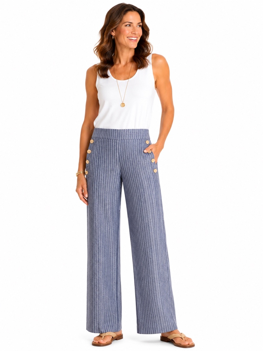 Cato Blue White Pinstripe Linen Blend Side Button Wide Leg Pants L